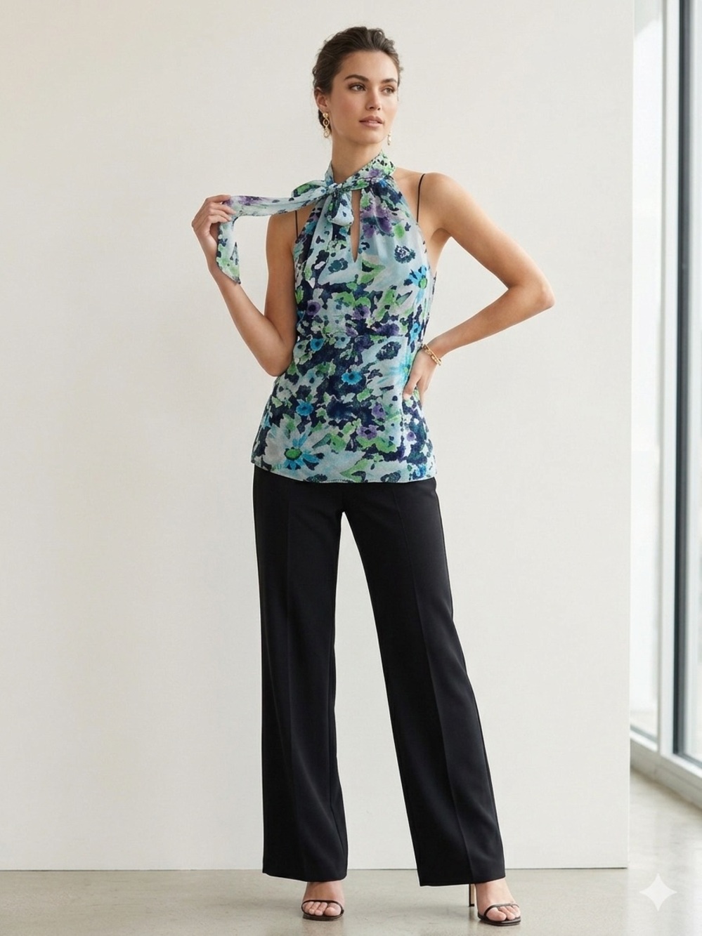 Elie Tahari Silk Blue, Green & Navy Floral Halter Vintage Camisole